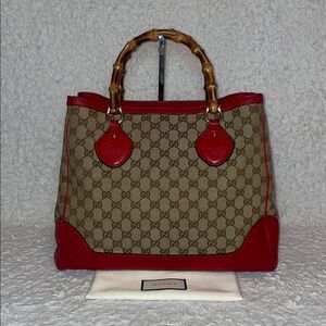 Gucci Diana Bamboo Top Handle GG Monogram Canvas & Red Leather Shoulder Bag Tote